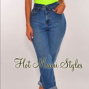 Denim fold over high waisted Boyfriend jeans